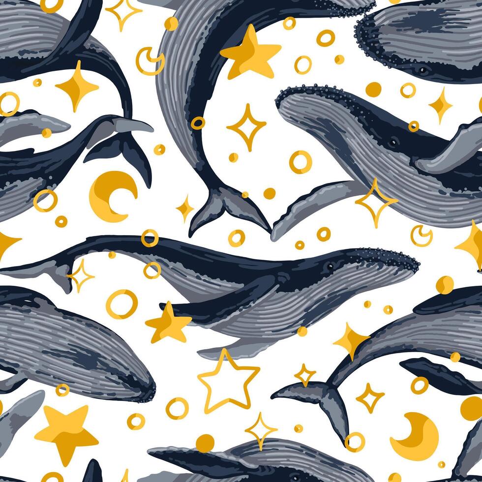nahtlos Muster von Blau Wale, Sterne. Hand gezeichnet Vektor Illustration. Ozean Tier Ornament. schön unter Wasser Fauna. farbig Design zum Stoff, Textil, Hintergrund, Hintergrund, drucken, Dekor, wickeln