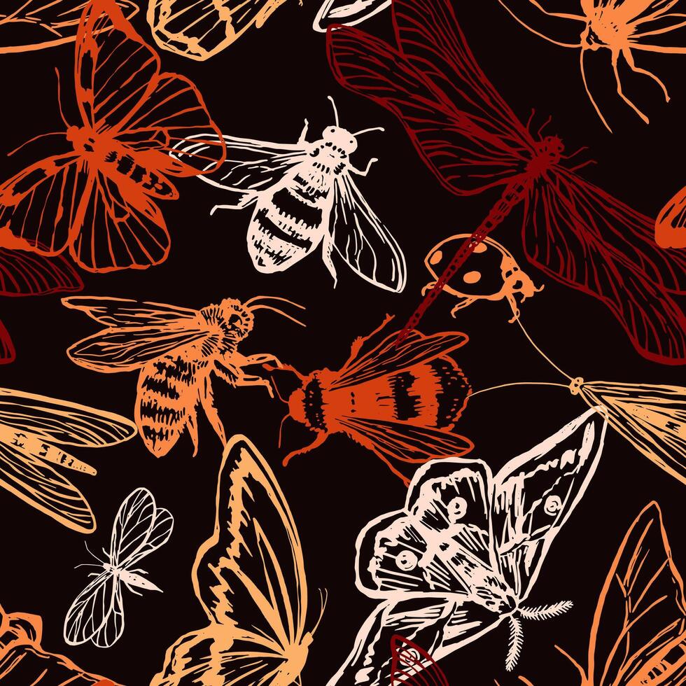 fliegend Insekten Vektor nahtlos Muster. Hand gezeichnet Illustration von Fehler, Schmetterlinge, Libelle, Motte, Marienkäfer, Bienen. retro Stil Ornament zum Design Hintergrund, Dekor, Hintergrund.