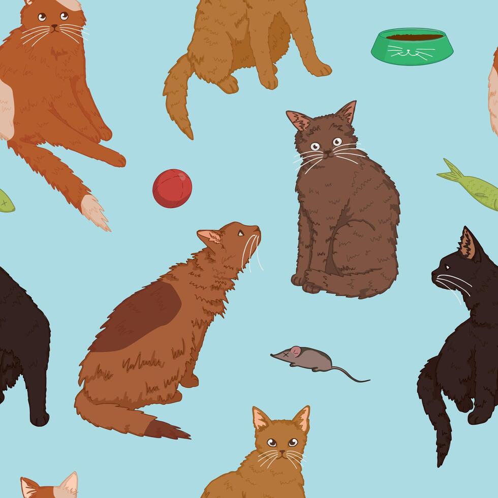 Katzen Haustier Tiere, Kätzchen und Spielzeuge nahtlos Muster. Hand gezeichnet Vektor Illustration. farbig Karikatur Ornament. Design zum Dekor, Hintergrund, Hintergrund, Textil.