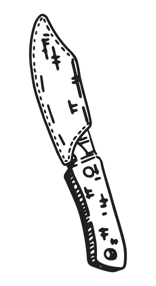 skizzieren von Camping Messer mit schützend Klinge Abdeckung. Clip Art von draussen Reise Ausrüstung, Wandern Werkzeug. Hand gezeichnet Vektor Illustration isoliert auf Weiß.