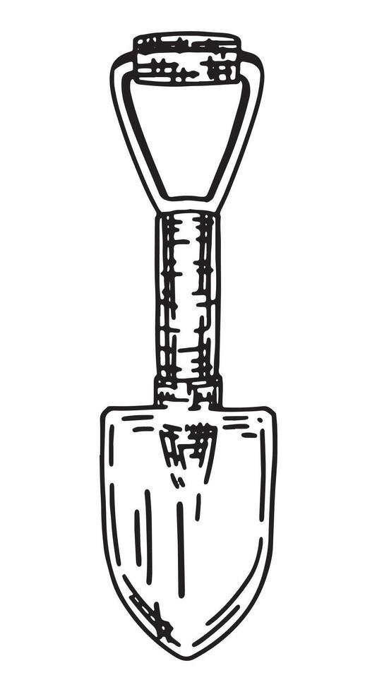 skiss av camping skyffel. ClipArt av utomhus- resa Utrustning, vandring verktyg. hand dragen vektor illustration isolerat på vit.