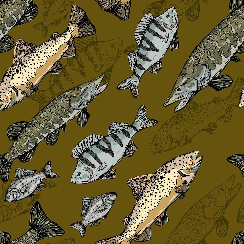 Forelle, Barsch, Pike, Karausche realistisch Tinte Skizzen. Hand gezeichnet Vektor nahtlos Muster von Fluss Fisch. Jahrgang bunt Angeln Ornament. Design zum Tapeten, Hintergrund, wickeln, Textil, drucken, Stoff