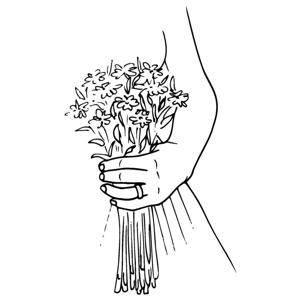 Frau links Hand mit ein Ring auf das Ring Finger hält ein Braut- Strauß. Hand gezeichnet skizzieren von ein Braut mit Blumen vektor