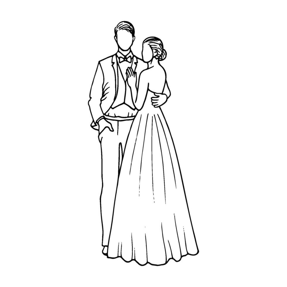 Braut und Bräutigam umarmen im voll Länge. handgemalt skizzieren von ein Mann im ein passen und ein Frau im ein bustier Kleid dem er ist umarmen vektor