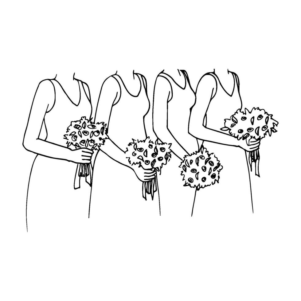 vier Brautjungfern Stehen im ein Reihe halten Blumensträuße. handgemalt gesichtslos Brautjungfern vektor