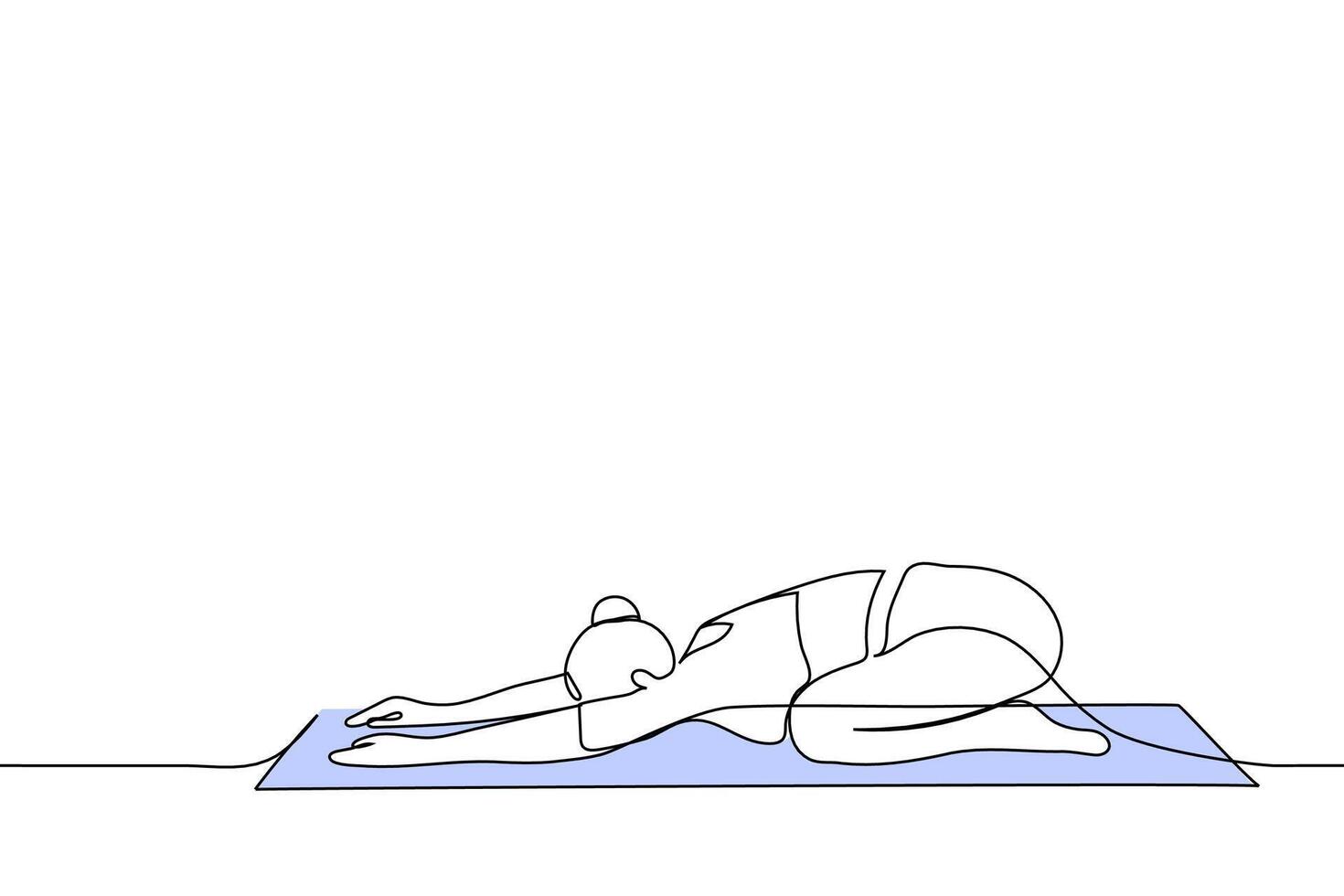 kvinna liggande på matta i yoga utgör stretching henne tillbaka - ett linje teckning vektor. begrepp stretching i barn övning vektor