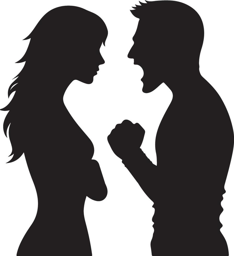 minimal wütend Mann und Ehefrau Paar Streiten, schwarz Farbe Vektor Silhouette