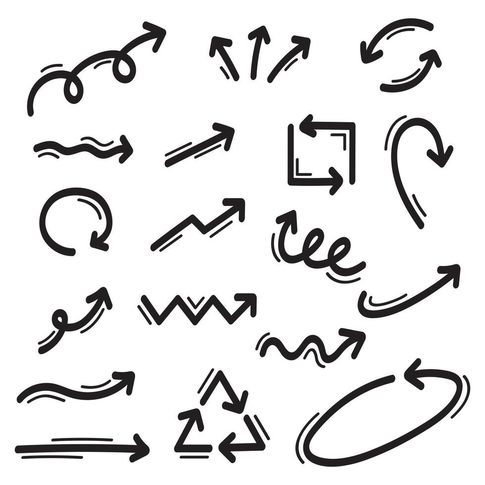 Symbol einstellen von Hand gezeichnet Pfeile. Gekritzel Vektor Illustration.