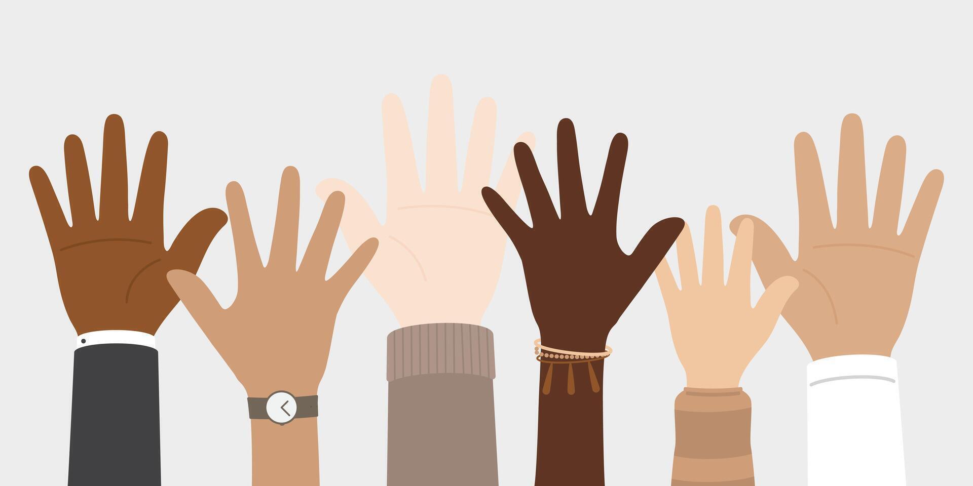 platt vektor illustration av människor med annorlunda hud färger höjning deras händer. enhet begrepp.