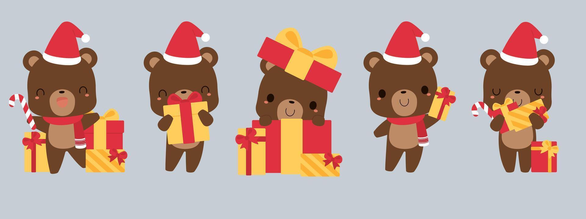 einstellen von süß braun Bär Karikatur Zeichen im festlich Weihnachten Urlaub Jahreszeit Konzept. eben Vektor Illustration.