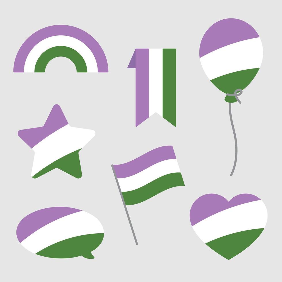 lila, Weiss, und Grün farbig Herz, Stern, Ballon, Rede Blase Symbole, wie das Farben von das Genderqueer Flagge. lgbtqi Konzept. eben Vektor Illustration.