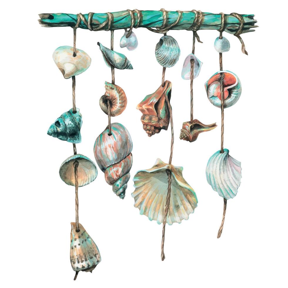 Aquarell Illustration von ein Girlande von verschiedene Muscheln auf ein Stock. ein Menge von Muscheln zum Innere Dekoration, das Strand. zum das Dekoration und Design von Postkarten, Poster, Kleidung, Zuhause Dekor vektor