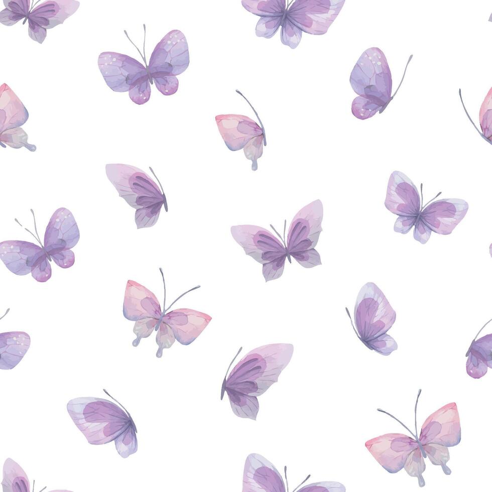 vattenfärg illustration av rosa och lila fjärilar. sömlös mönster, mild, luftig. för tyg, textil, tapet, grafik skrot papper vektor