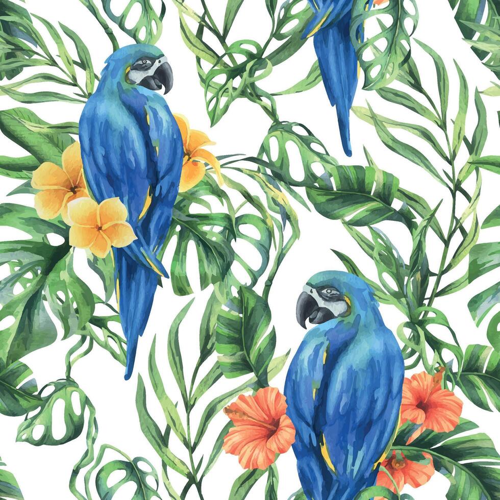 tropisk handflatan löv, monstera och blommor av plumeria, hibiskus, ljus saftig med blå-gul ara papegoja. hand dragen vattenfärg botanisk illustration. sömlös mönster på de vit bakgrund. vektor
