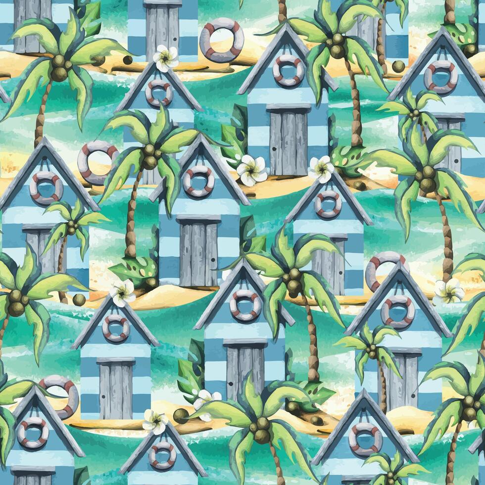 strand, hav hus, söt, trä- med kokos palmer på en sandig ö. vattenfärg illustration i tecknad serie stil. sömlös sommar, strand mönster för tyg, textilier, tapet, förpackning, souvenirer. vektor