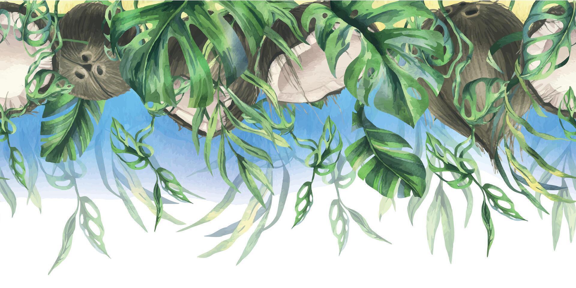 kokosnötter hela, halvor och bitar med ljus, grön, tropisk handflatan löv. hand dragen vattenfärg illustration. sömlös gräns isolerat från de bakgrund. vektor