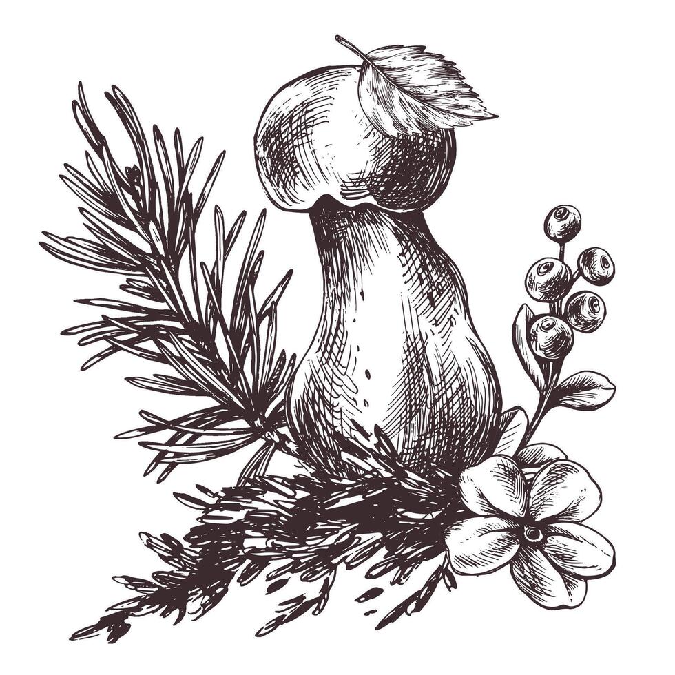 svamp skog sopp med gräs, blåbär, mossa och kon. grafisk botanisk illustration hand dragen i brun bläck. för recept, förpackning, höst festival, skörda. isolerat sammansättning vektor