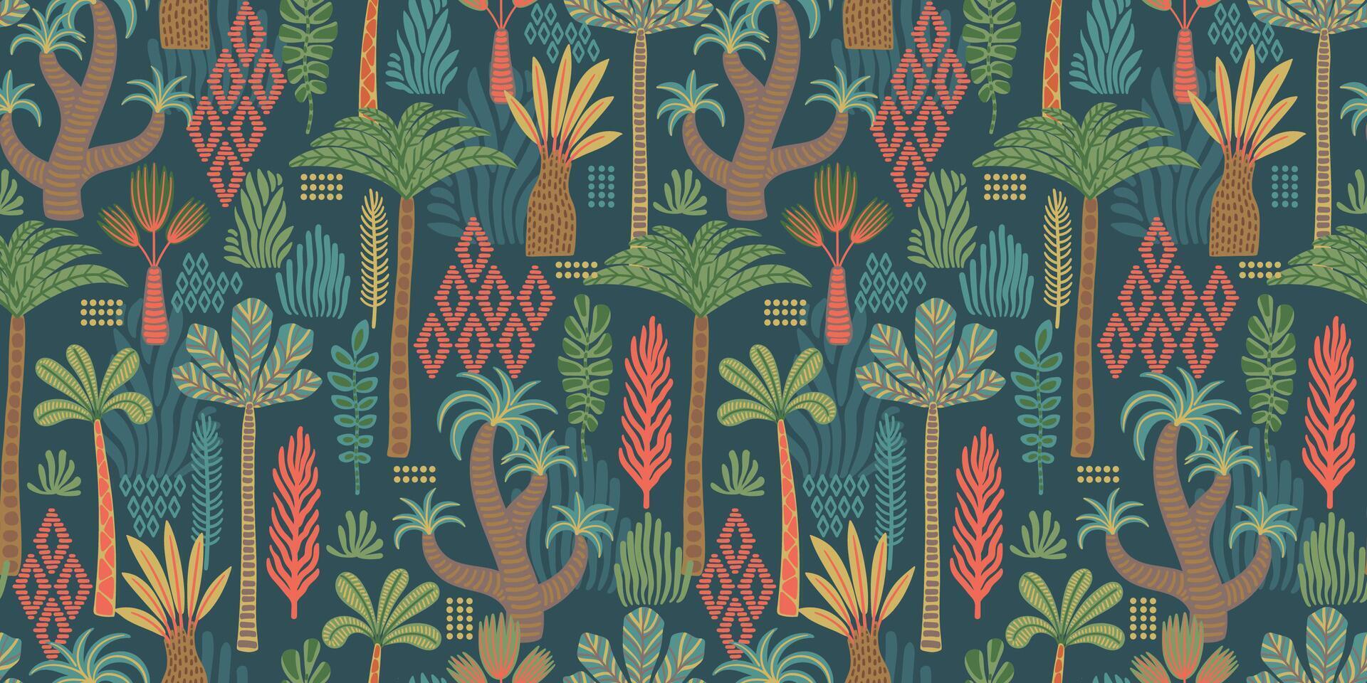 etnisk tropisk sömlös mönster med handflatorna. modern abstrakt design för papper, omslag, tyg, interiör dekor och Övrig använda sig av vektor