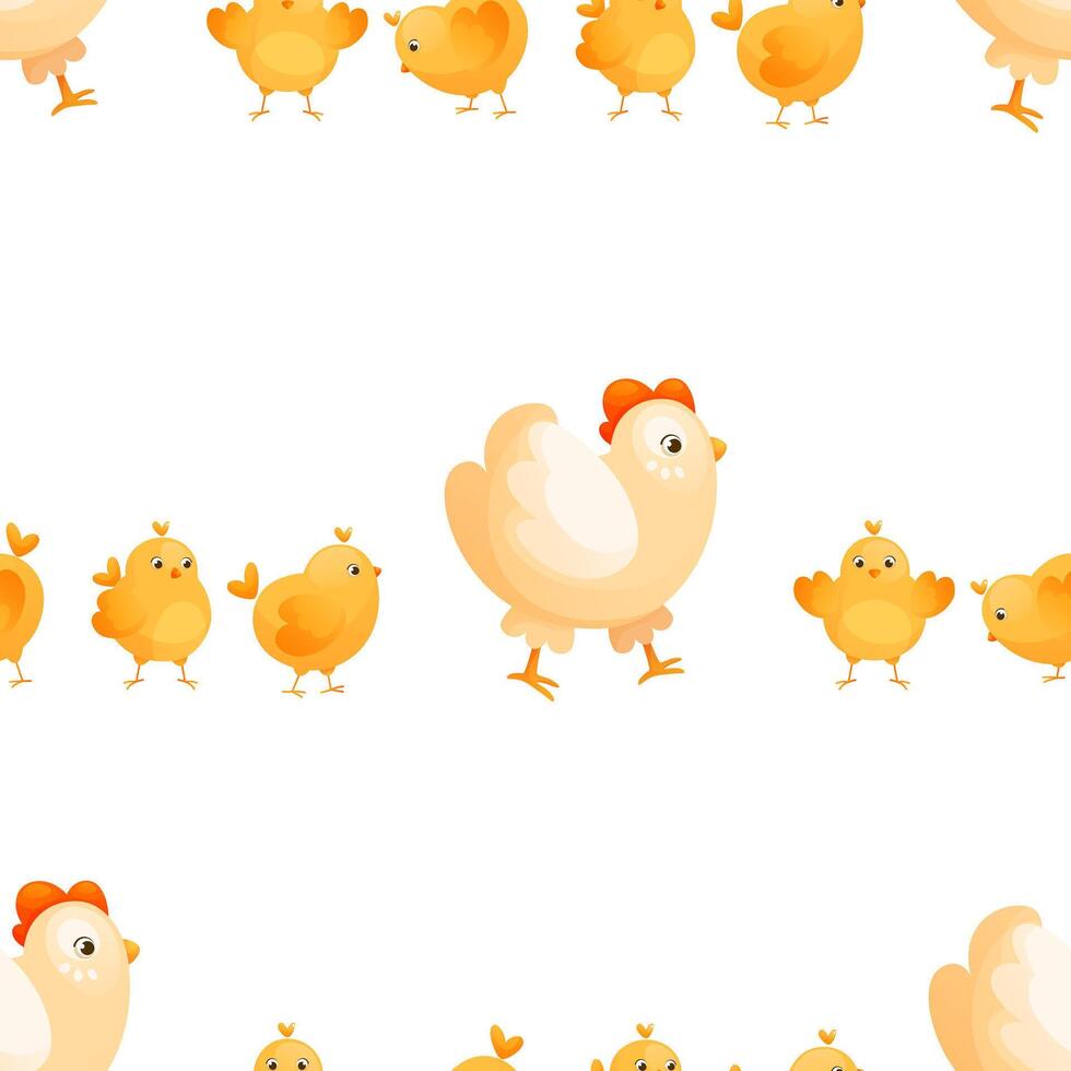 sömlös mönster med höna och kycklingar på en promenad. de höna och de kycklingar Följ henne, Kära familj. fjäderfän odla, påsk kycklingar. fjäderfän med en grubbla. textil- design, förpackning vektor
