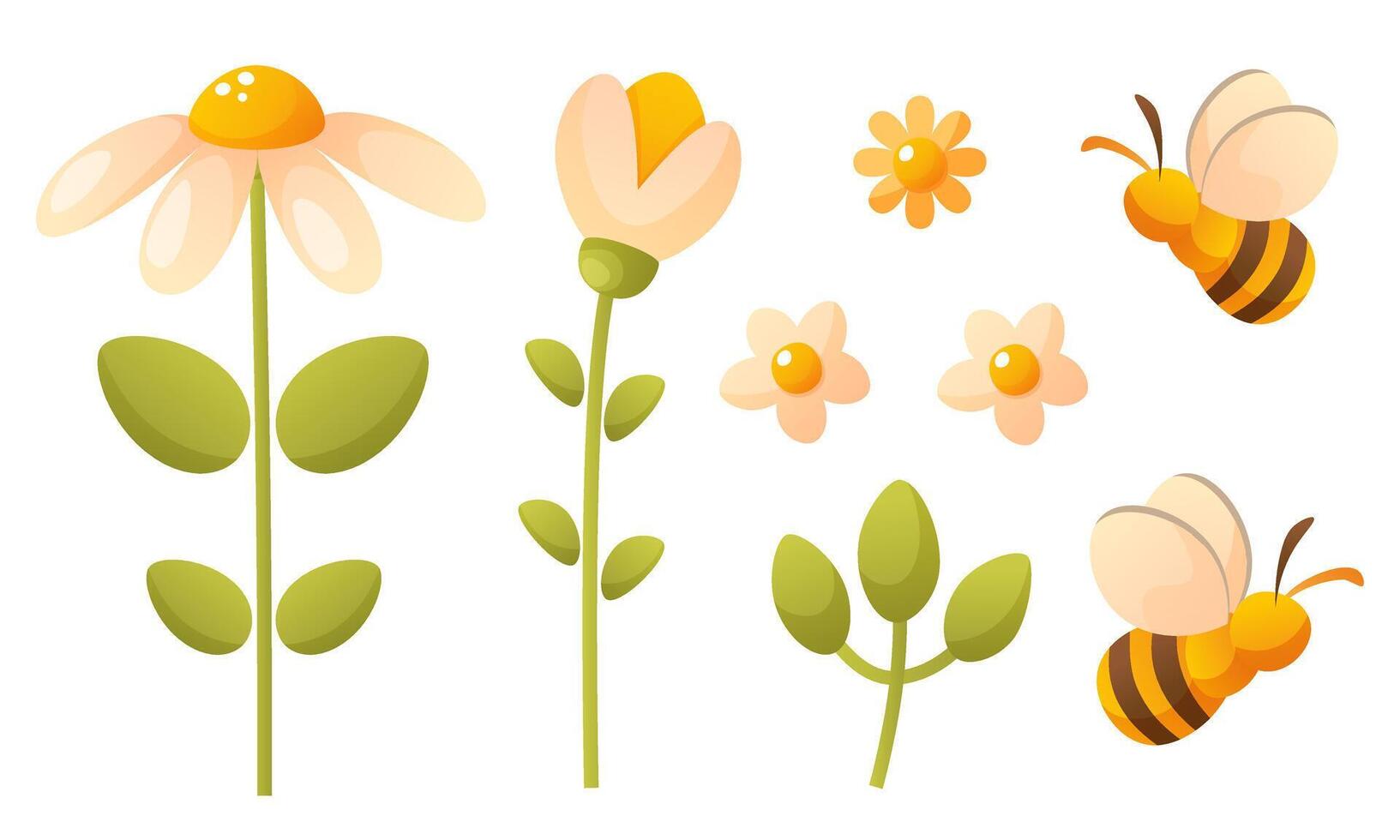 Weiß Kamille und Schneeglöckchen Blume, Grün Blätter, Biene. Sommer- Blumen und Insekten vektor