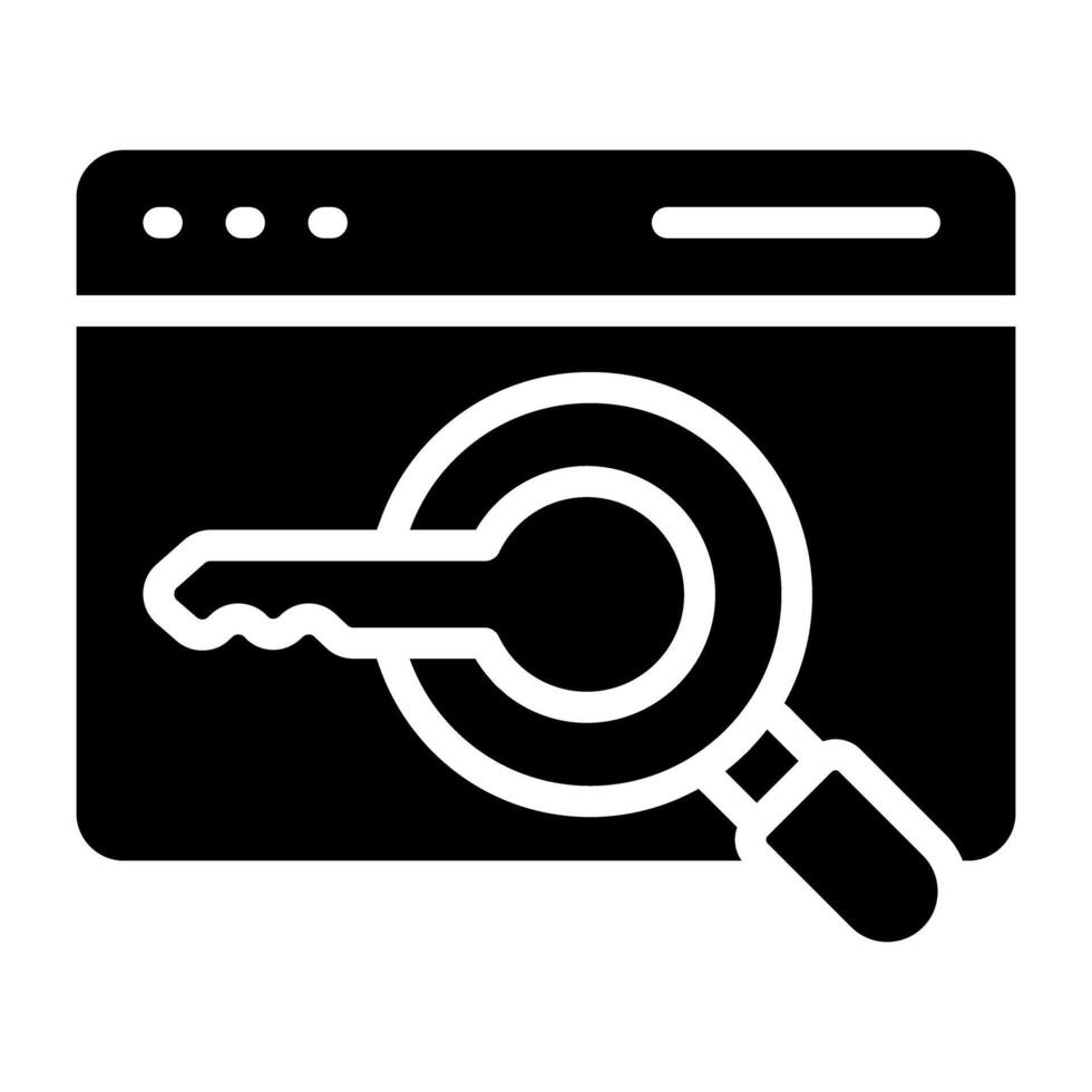 Schlüssel unter Vergrößerung Glas auf Netz Buchseite, Suche Stichwort Symbol vektor