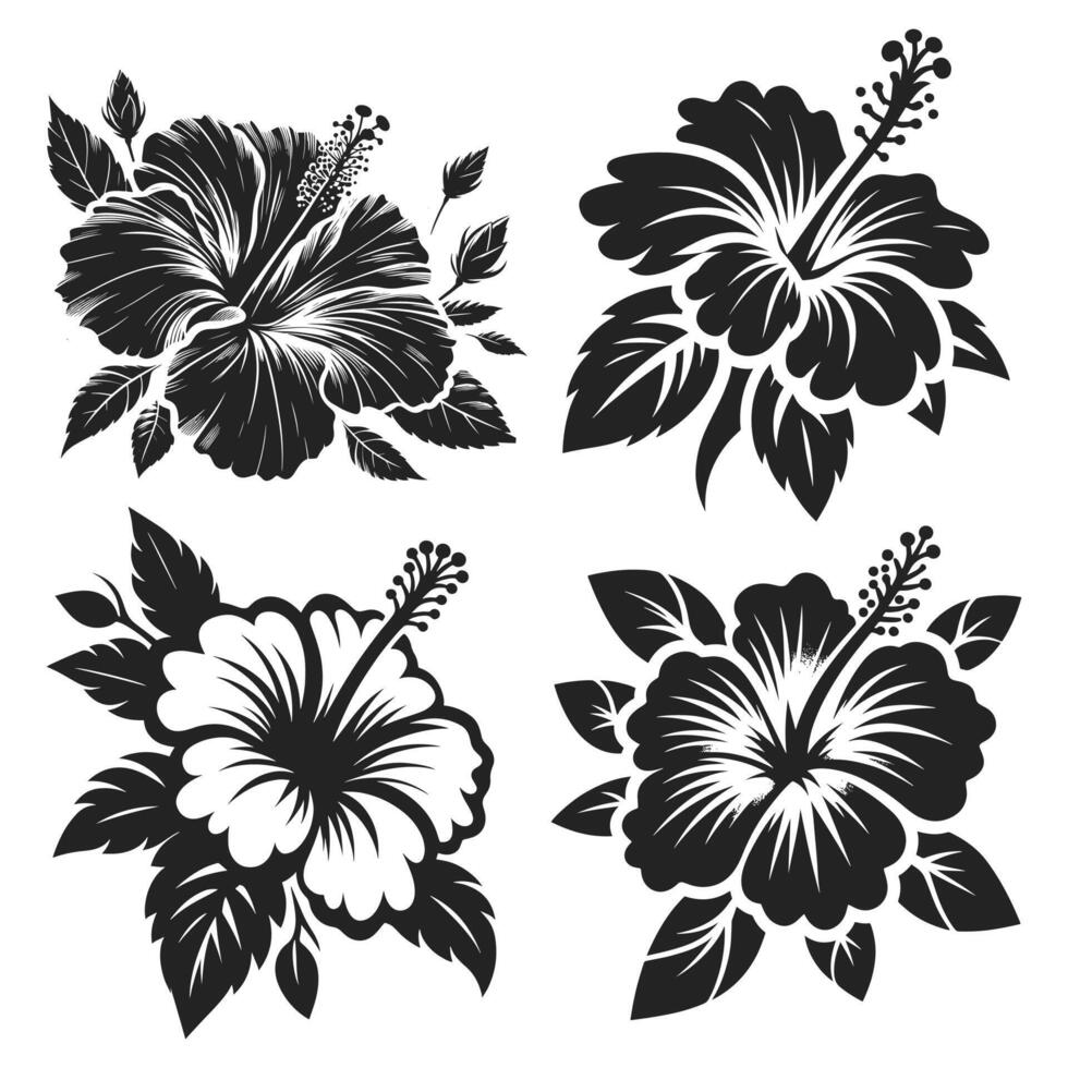ector blomma ikon illustration. uppsättning av dekorativ hibiskus blomma silhuetter vektor