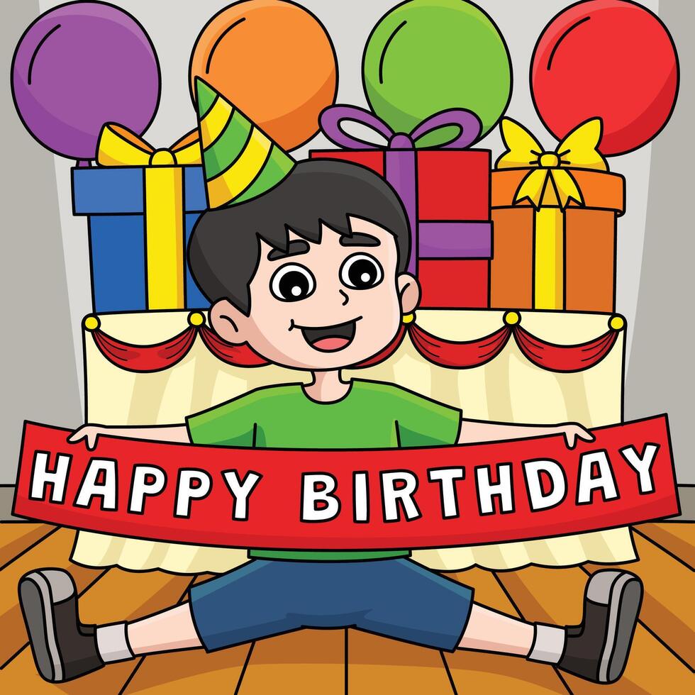 pojke med en Lycklig födelsedag baner färgad tecknad serie vektor