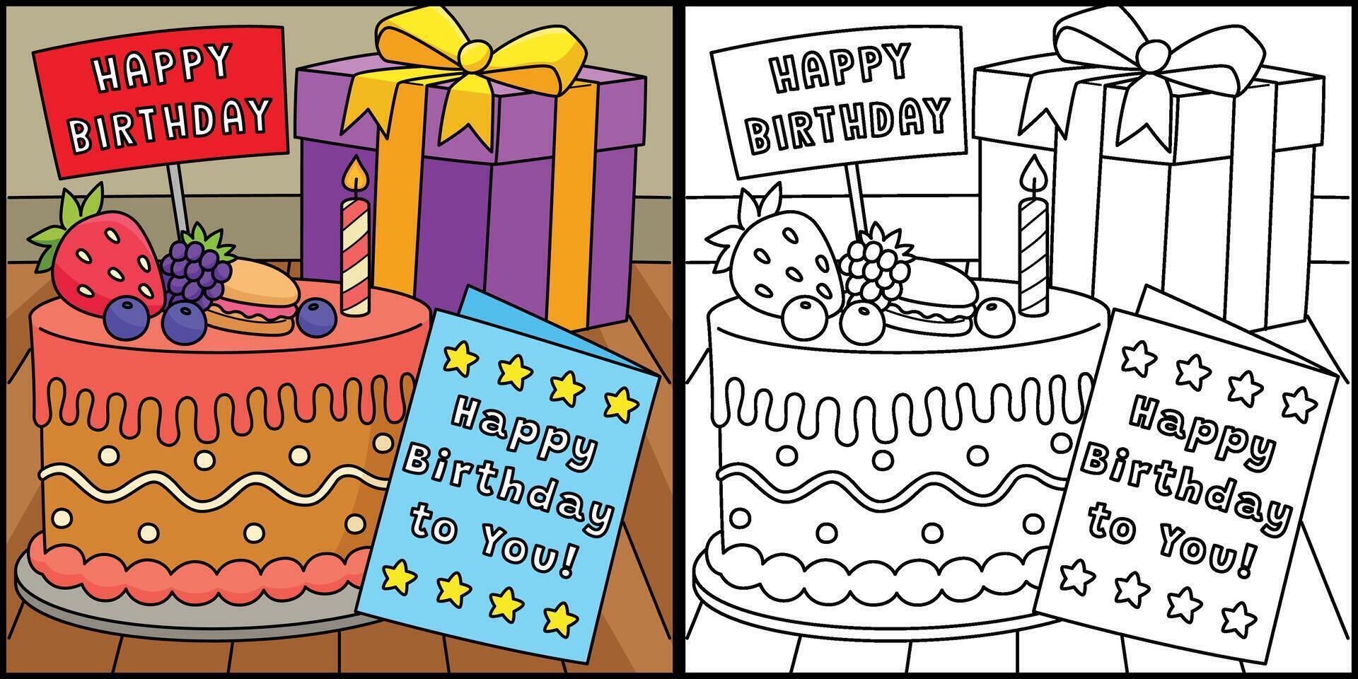 födelsedag kaka, kort och närvarande illustration vektor