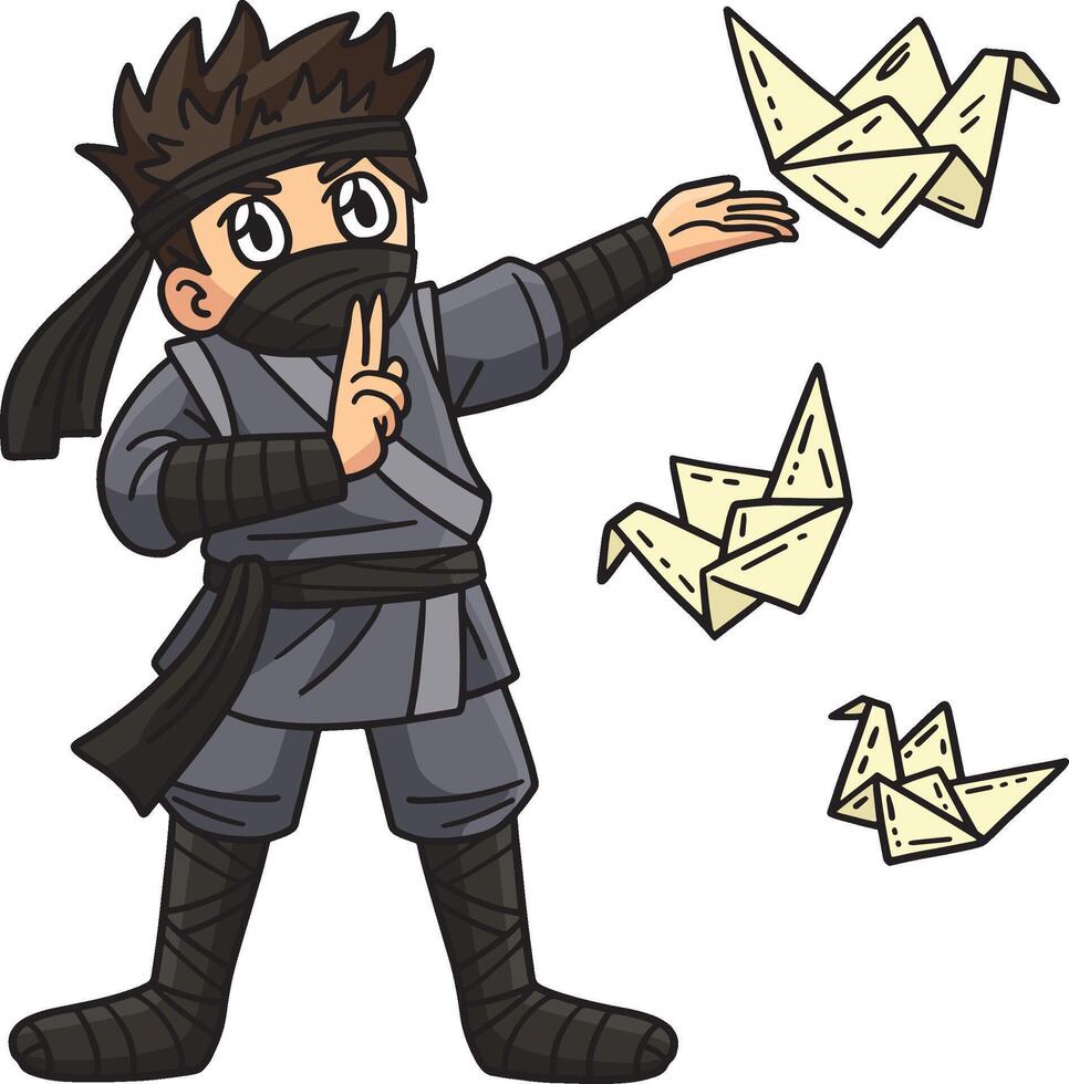 Ninja mit Origami Karikatur farbig Clip Art vektor