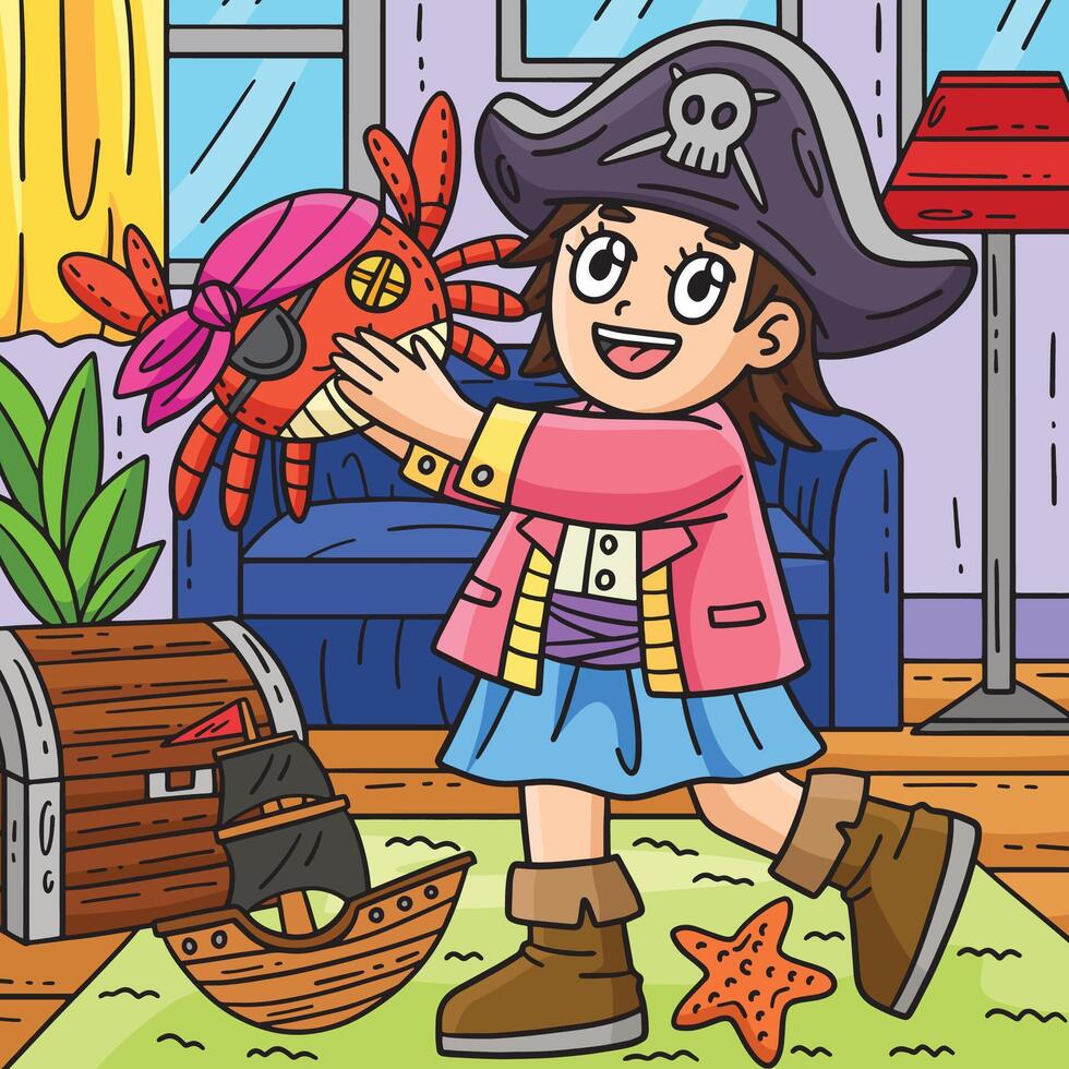 barn med en pirat krabba leksak färgad tecknad serie vektor