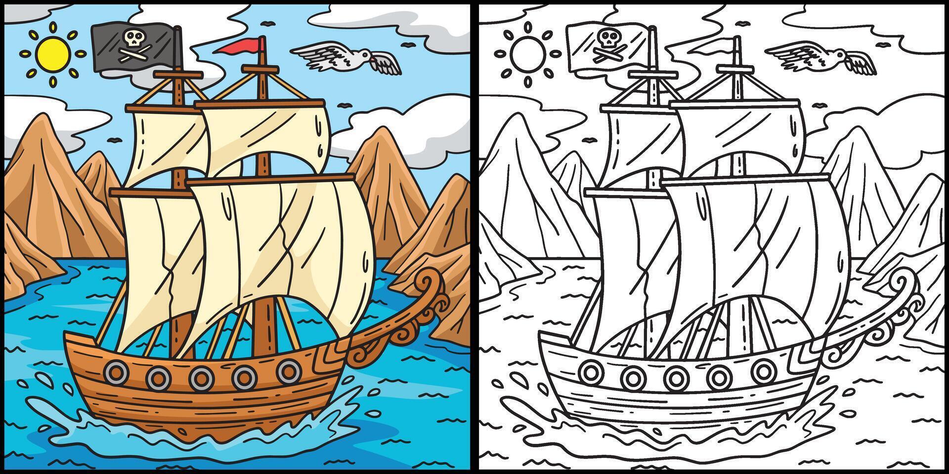 Pirat Schiff Färbung Seite farbig Illustration vektor