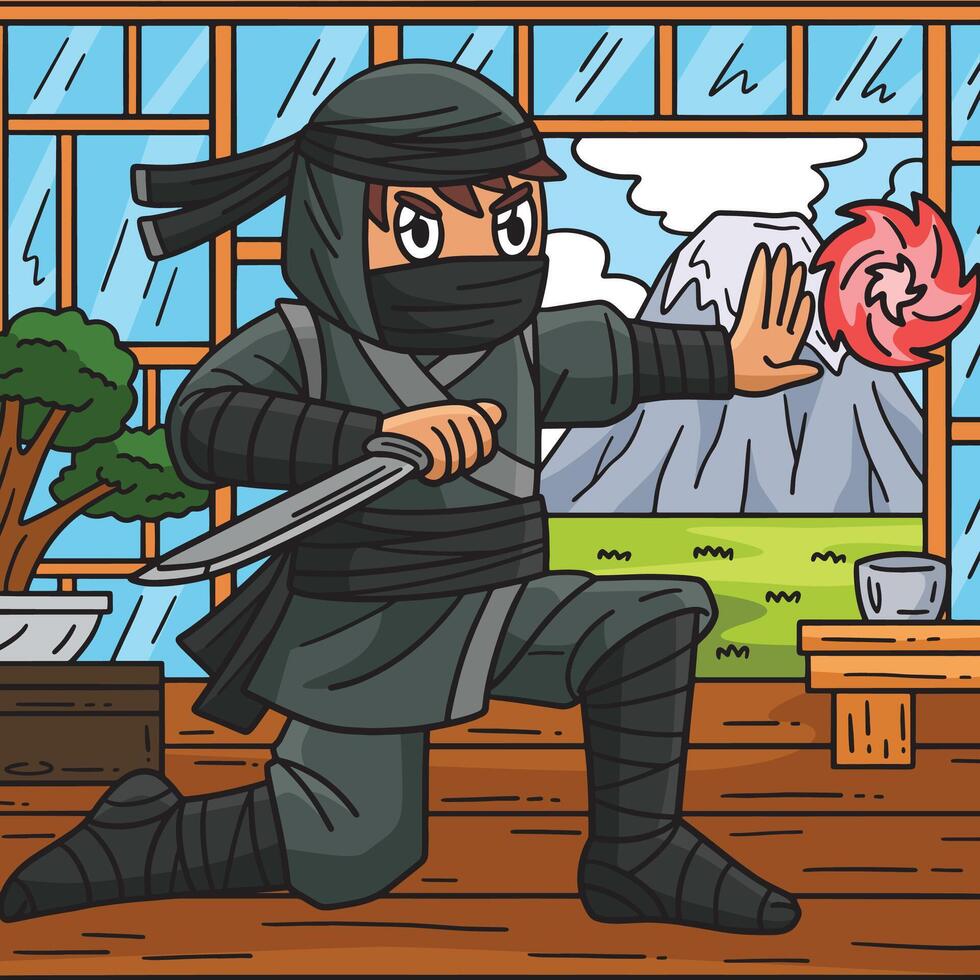 Ninja und Chakra Energie farbig Karikatur vektor