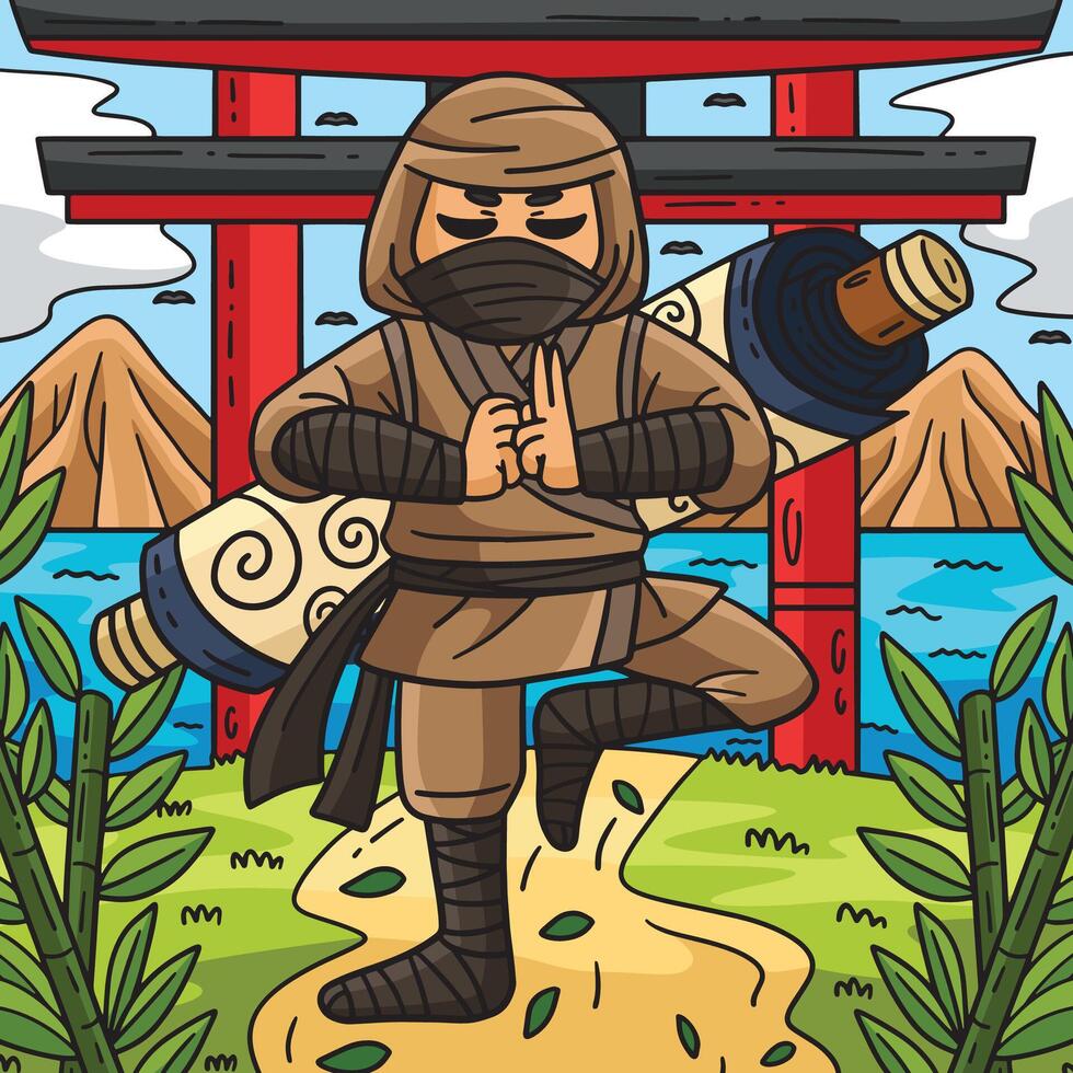 ninja med en skrolla på tillbaka färgad tecknad serie vektor