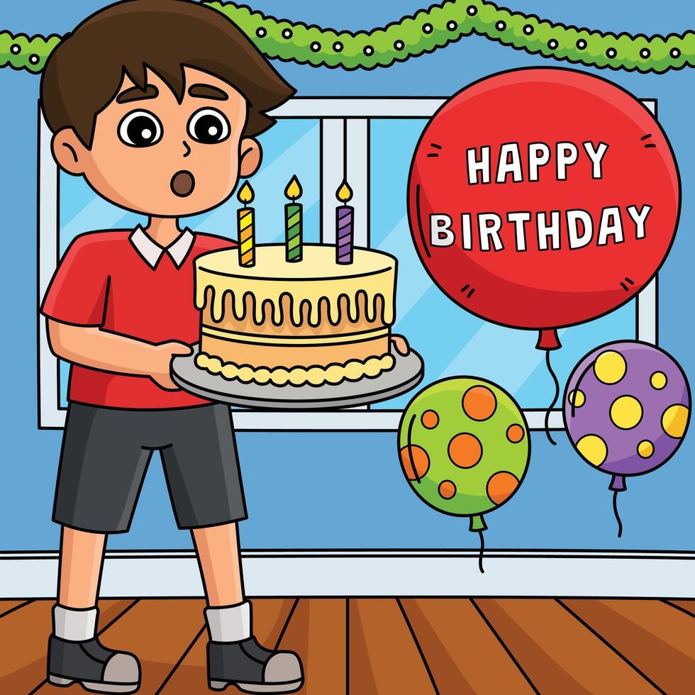 pojke blåser en Lycklig födelsedag kaka färgad tecknad serie vektor