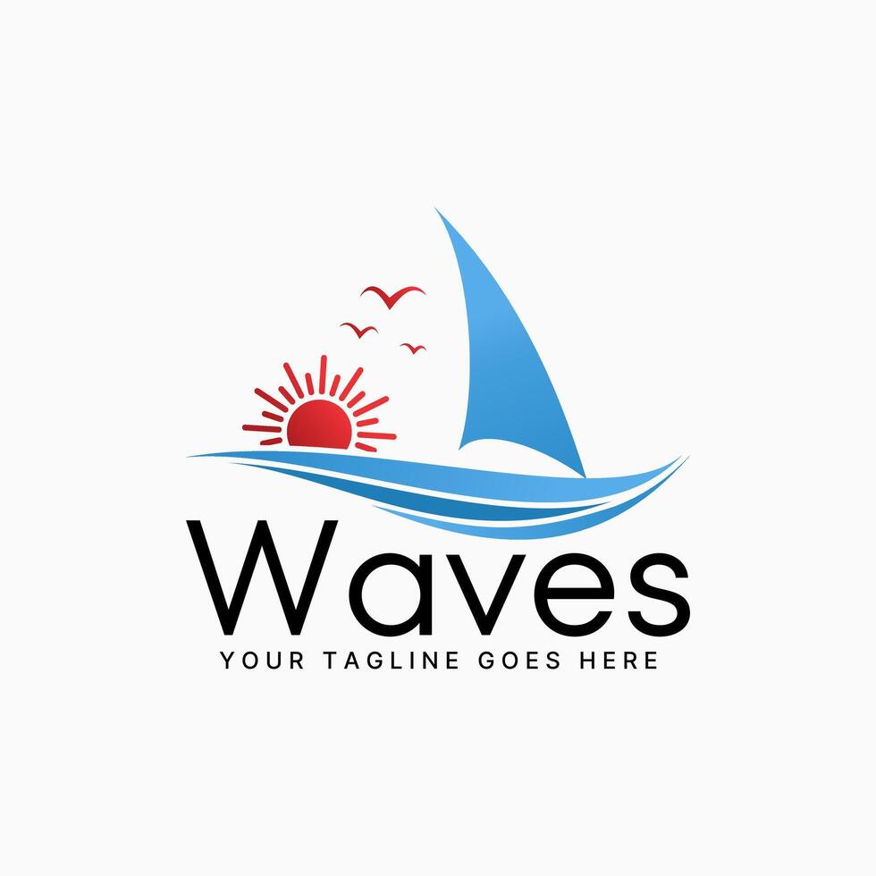 Logo Design Grafik Konzept kreativ Prämie abstrakt Vektor Lager Zeichen Segelboot Schiff Vögel Wellen und Strand Sonnenuntergang. verbunden Yacht Matrose Ozean Insel