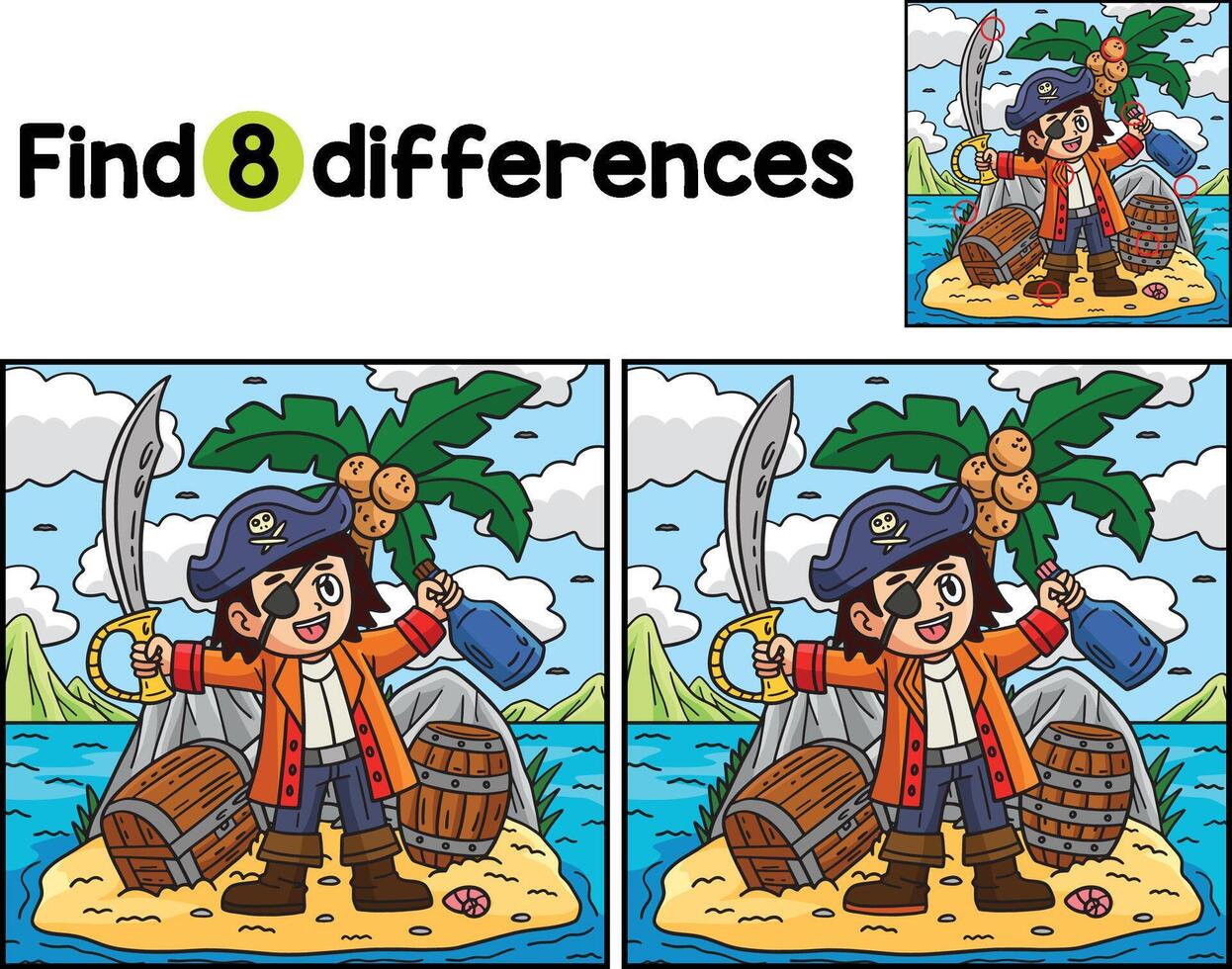 Pirat Kapitän auf ein Insel finden das Unterschiede vektor