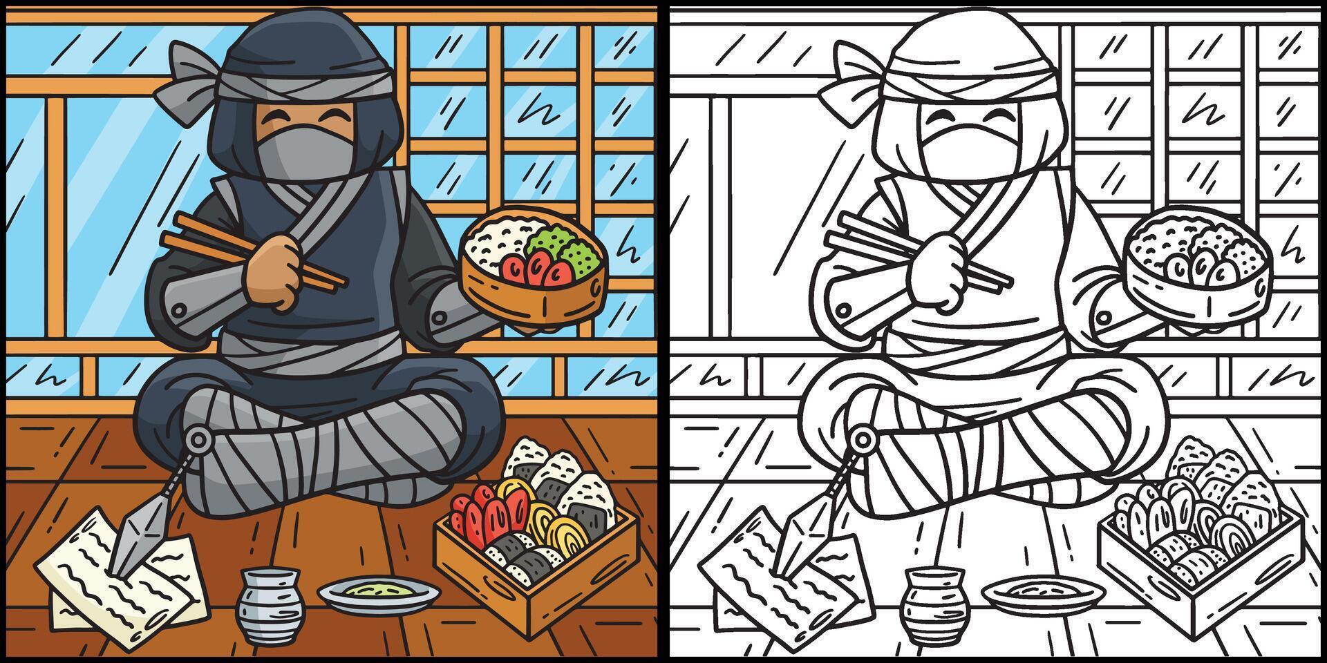 Ninja Essen Bento Färbung Seite Illustration vektor