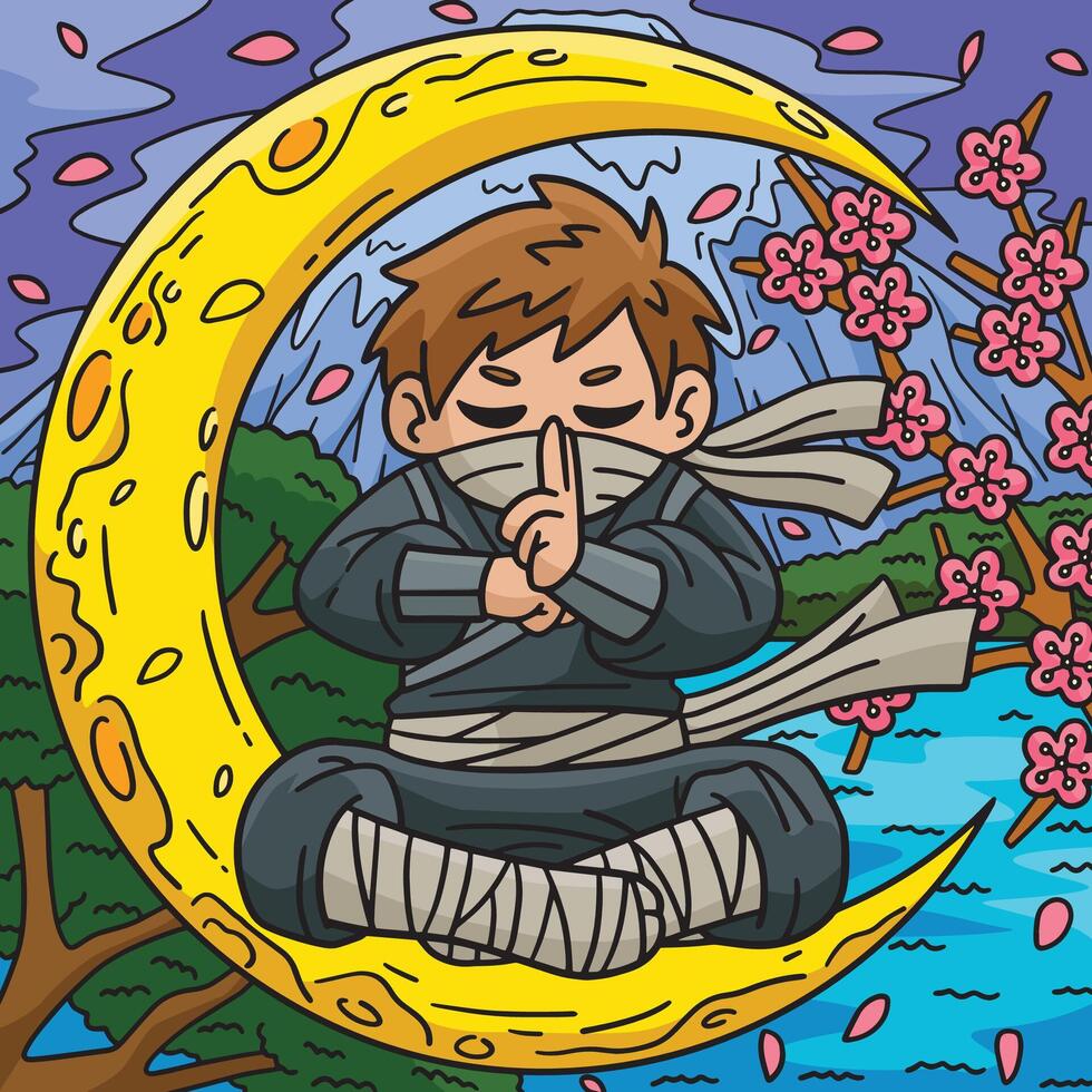 ninja och halvmåne måne färgad tecknad serie vektor