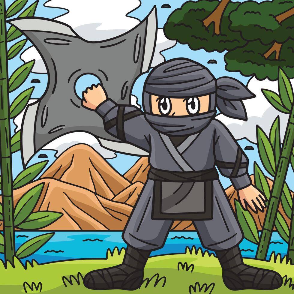 Ninja mit enorm Shuriken farbig Karikatur vektor