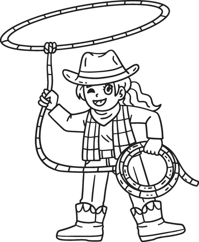 Cowgirl mit Lasso isoliert Färbung Seite zum Kinder vektor