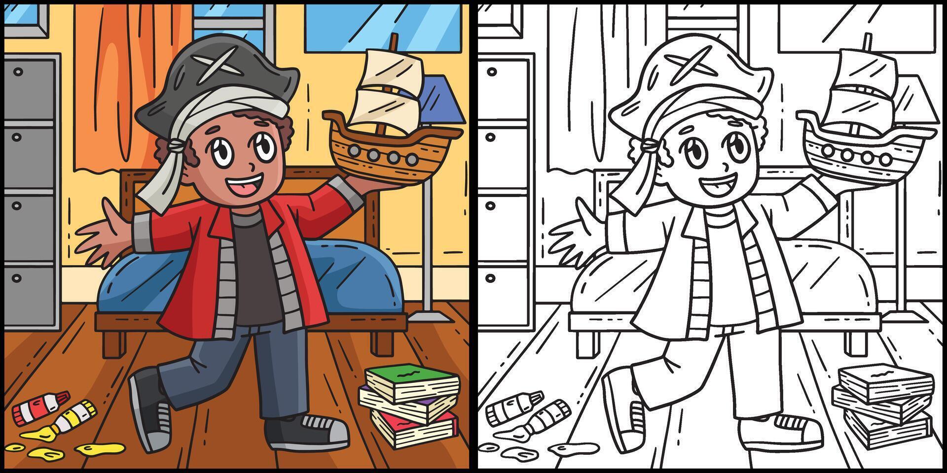 Kind mit Pirat Hut und Modell- Schiff Illustration vektor