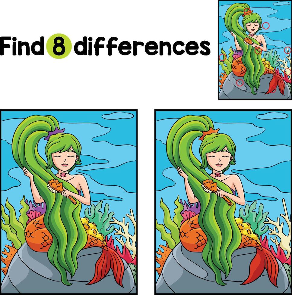 Meerjungfrau Bürsten Haar finden das Unterschiede vektor