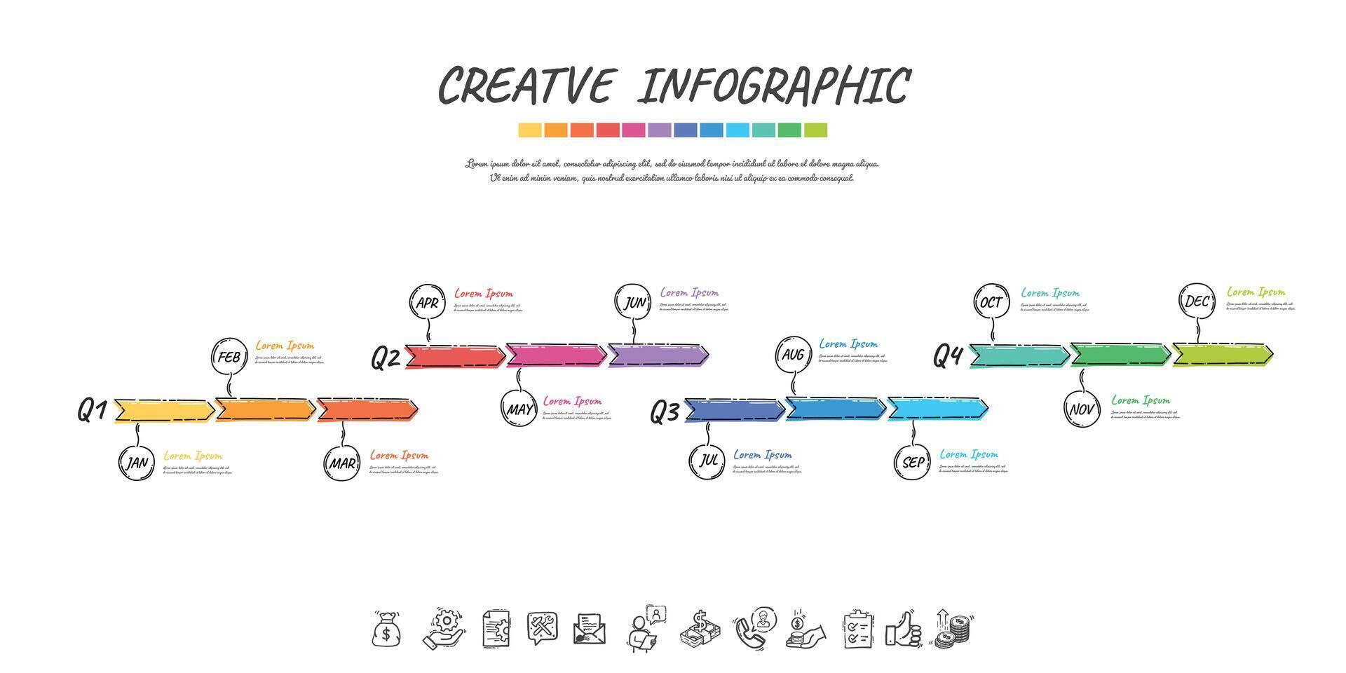 år planerare kalender, 12 månader, 4 fjärdedel, tidslinje klotter infographics design vektor