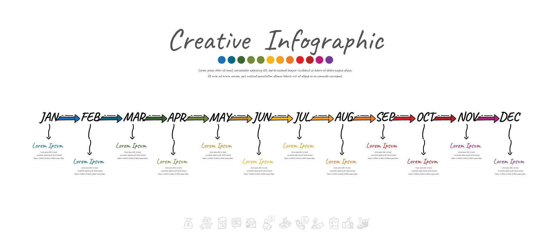 tidslinje hand dragen för 1 år, 12 månader, infographics Allt månad planerare design och presentation företag. klotter infographic vektor. vektor