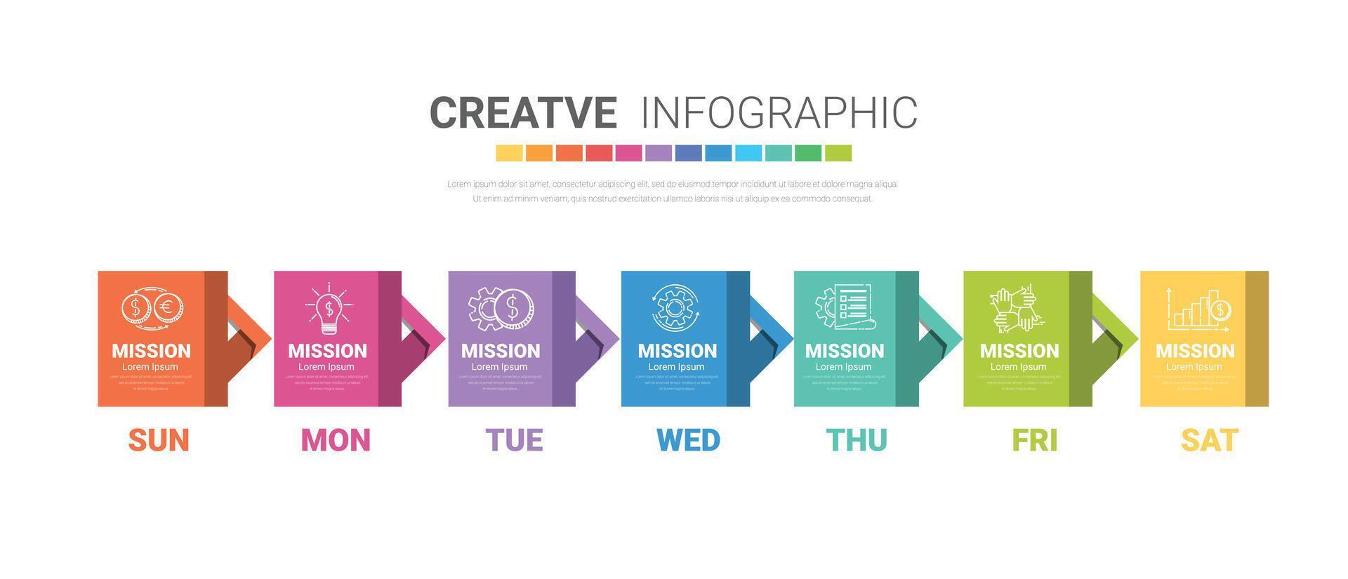 Zeitleiste Geschäft zum 7 Tag, 7 Optionen, Infografik Design Vektor und Präsentation können Sein benutzt zum Arbeitsablauf Layout, Prozess Diagramm, fließen Diagramm.