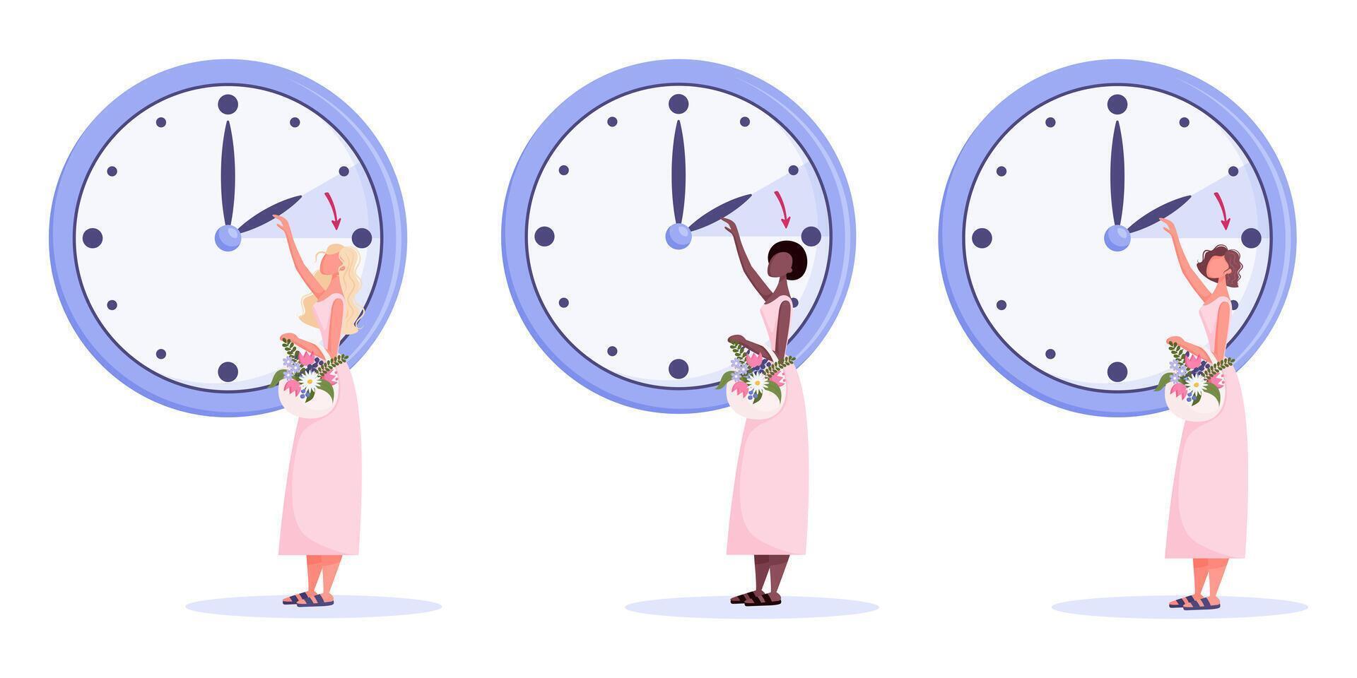 dagsljus sparande tid begrepp. vår framåt- vektor illustration uppsättning. platt stil klocka och olika etnicitet kvinnor med blommor i pastell färger.