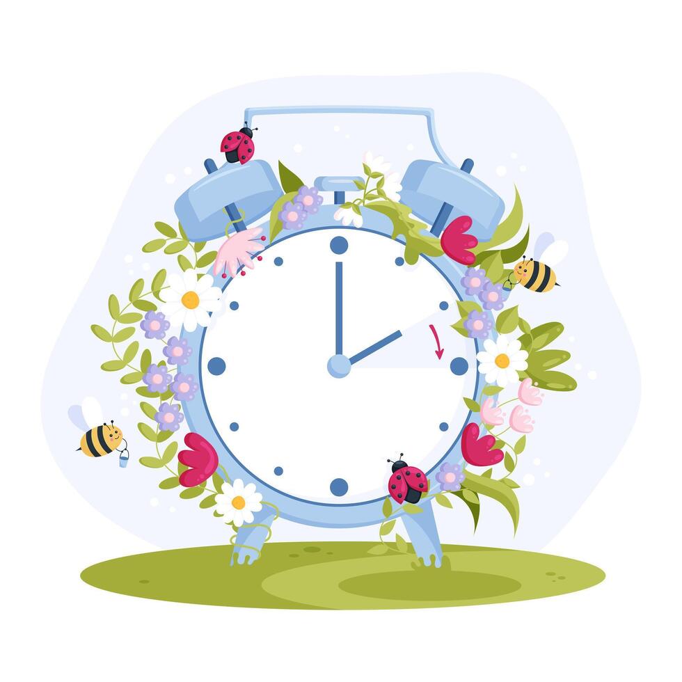 dagsljus sparande tid. vår fram. platt stil vektor illustration av larm klocka med söt blommor, bin och Nyckelpigor.