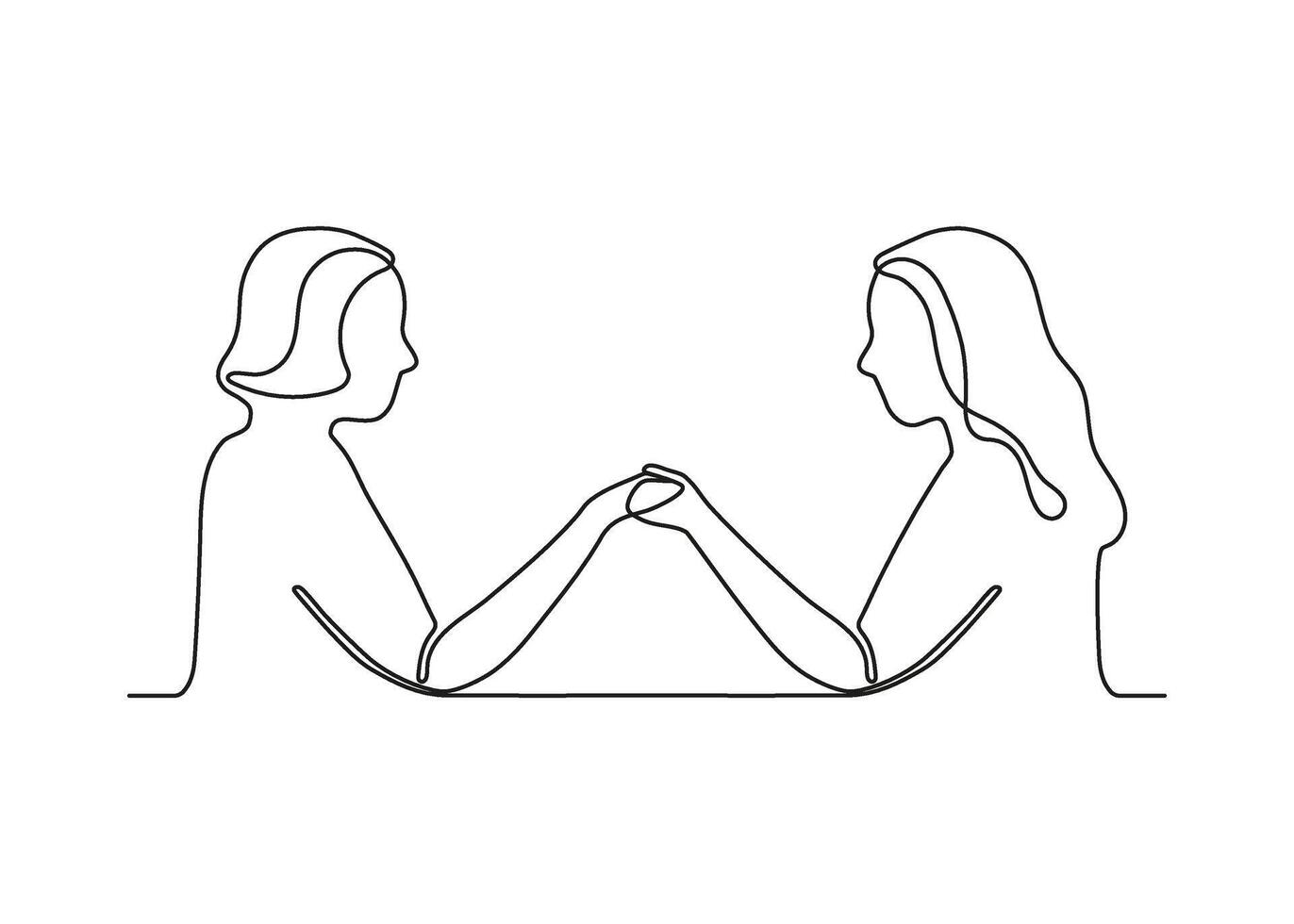 vänner kvinnor innehav händer, Lycklig kommunikation och Stöd, kontinuerlig ett linje teckning. flickor i kärlek. harmoni relation. vektor översikt illustration