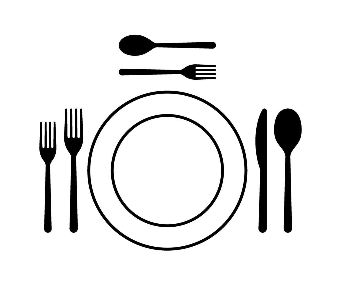 Anordnung von Besteck im Tabelle Etikette unterzeichnen. Platte, Gabel, Löffel und Messer zum Essen Symbol. Gericht auf Tisch. bereit zu essen. Geschirr Zeichen zum Speisekarte Cafe oder Restaurant. Vektor Illustration