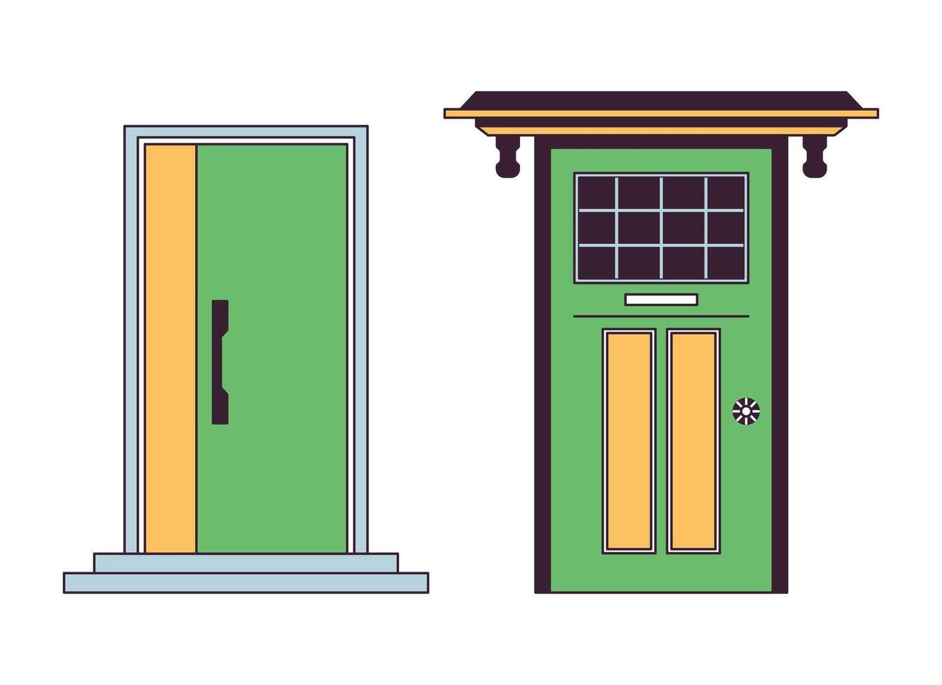 ingång dörrar 2d linjär tecknad serie objekt uppsättning. bostads- veranda. dörr byggnad exteriör isolerat linje vektor element vit bakgrund. dörröppning stängd Färg platt fläck illustration samling